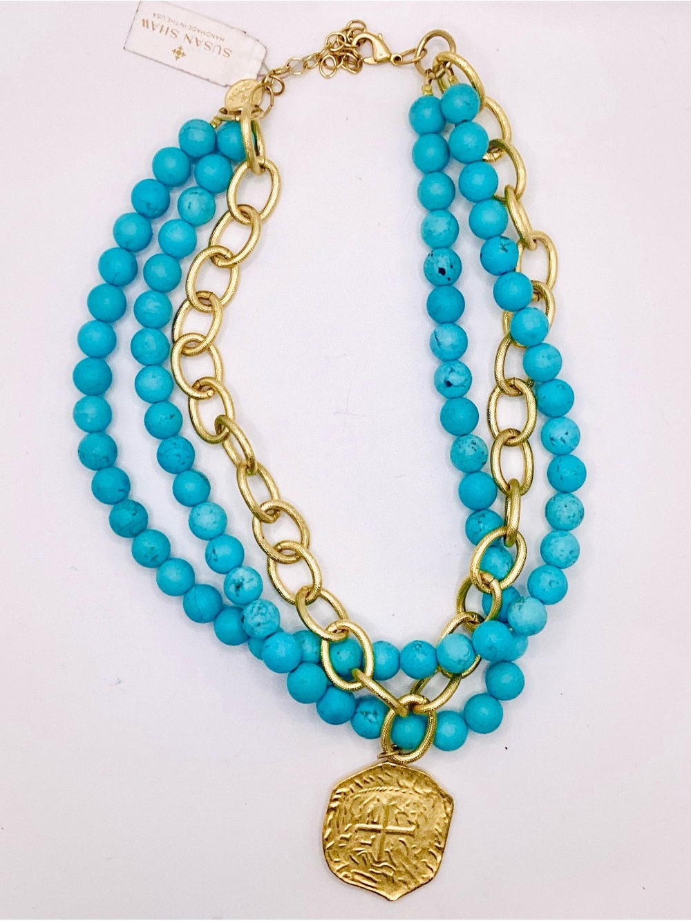 Susan Shaw Turquoise Beaded Layered Necklace with Gold Chain & Medallion